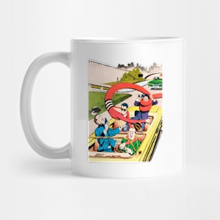 flexible and elastic superhero capturing evildoers retro vintage comic Mug